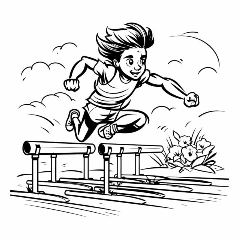 Boy jumping over a hurdle in the park. Black and white vector il