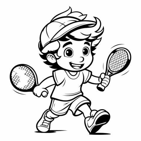 Black and White Cartoon Illustration of Kid Playing Tennis - Spo