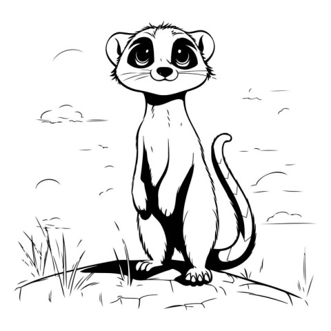 Cute ferret sitting on the ground. Black and white vector illust