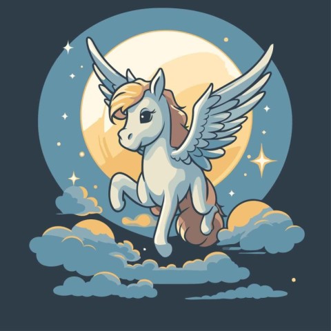 Cute cartoon unicorn with wings on a background of the moon and