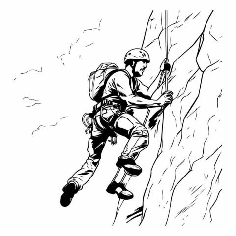 Hand drawn illustration of a mountaineer climbing on a cliff.