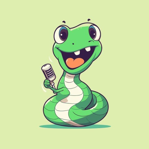 Cute snake singing karaoke. Vector cartoon character illustratio