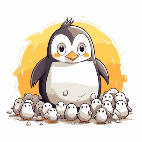 Cute penguin and chicks on white background. Vector illustration