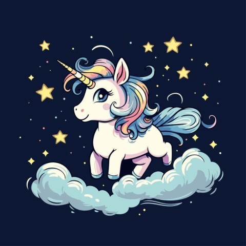 Unicorn on the cloud with stars. Vector cartoon illustration.