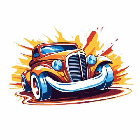 Vector illustration of a retro car in flames. Design element for