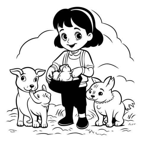 Little girl with her pets. black and white vector cartoon illust