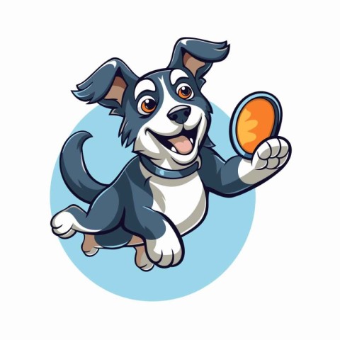 Cute cartoon dog playing with a tennis racket. Vector illustrati