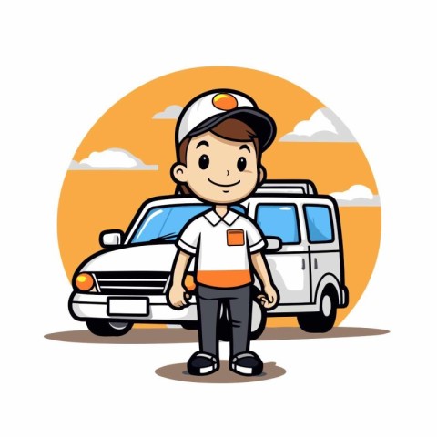 Cartoon mechanic man with car on the background. Vector illustra