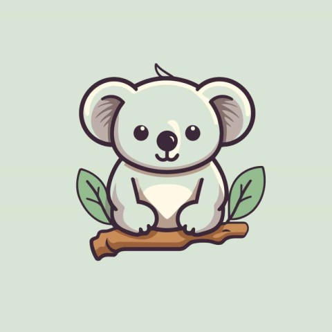 Cute koala on a branch with leaves. Vector illustration.