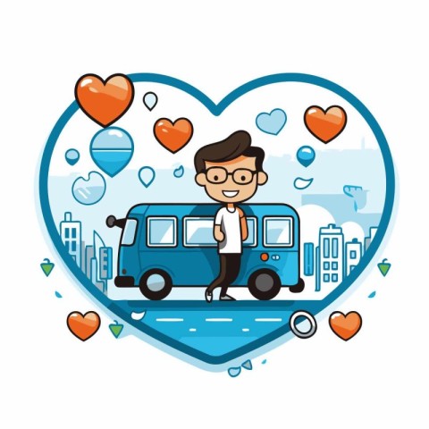 Vector illustration of a man with glasses driving a bus in the h