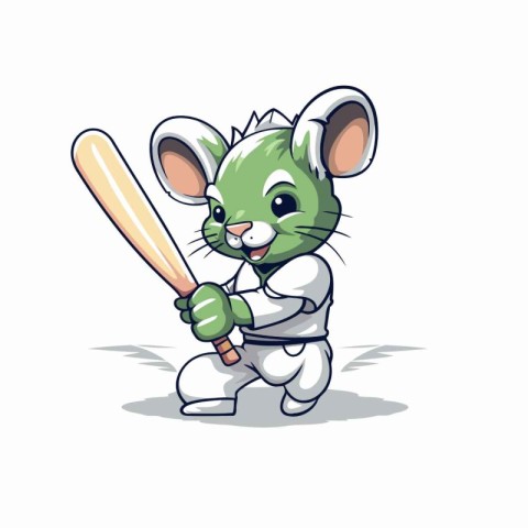 Cute mouse playing baseball. Vector illustration. Isolated on wh