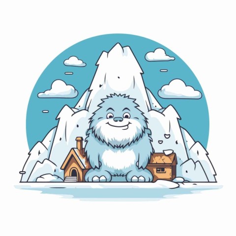 Cute cartoon lion with a house in the mountains. Vector illustra