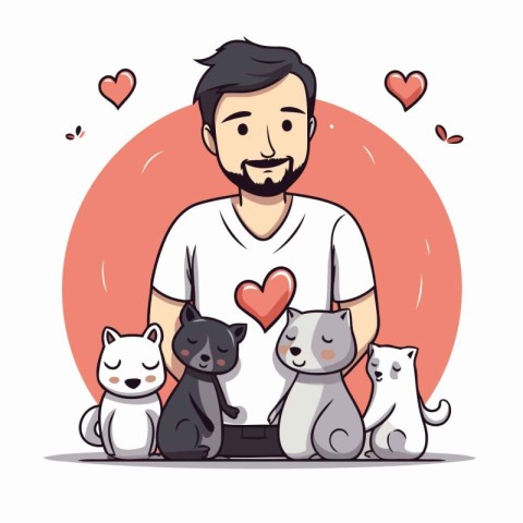 Man with a group of cats. Vector illustration in cartoon style.