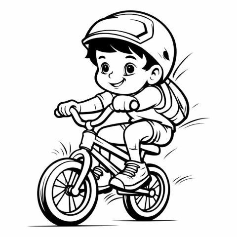 Boy Riding Bicycle - Black and White Cartoon Illustration. Clip