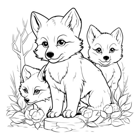 Cute cartoon fox family coloring book page for adults vector ill