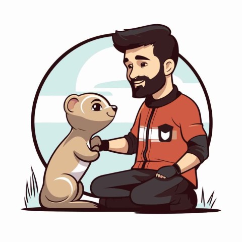 Bearded man sitting with dog in park. Vector illustration in car