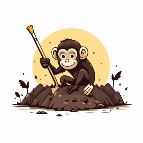 Cute monkey sitting on the rock. Vector illustration in cartoon