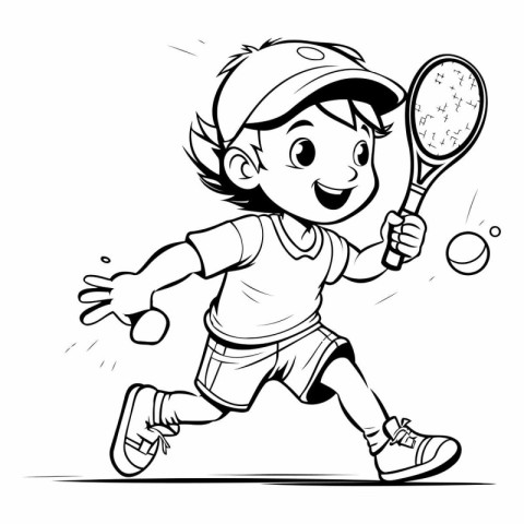 Cartoon illustration of a little boy playing tennis - Coloring b