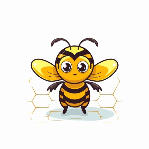 Cute cartoon bee with honeycombs on white background. Vector ill