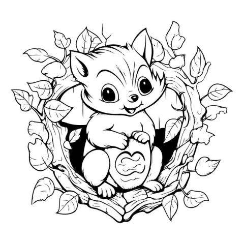 Cute cartoon squirrel in a wreath of leaves. Vector illustration