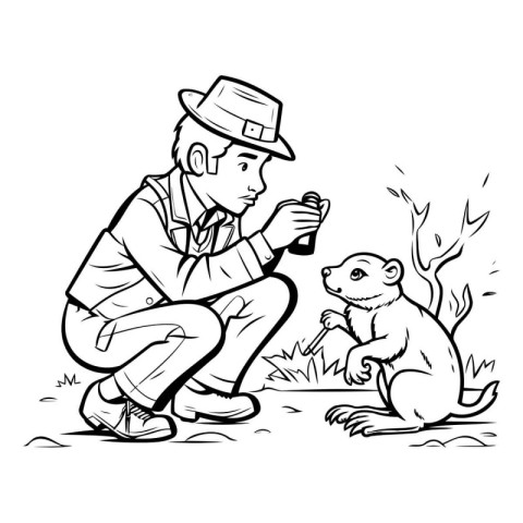 Black and White Cartoon Illustration of a Gardener Feeding the D