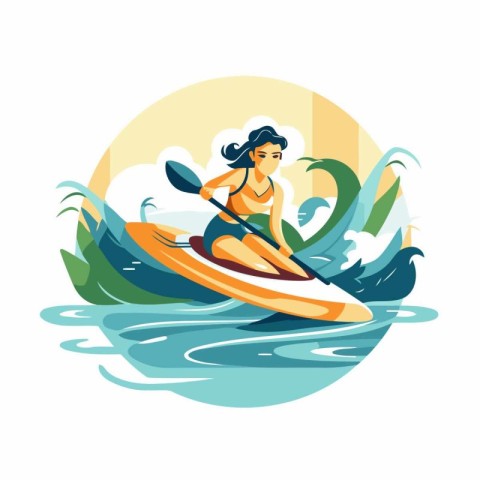 Woman paddling on a kayak. Vector illustration in flat style