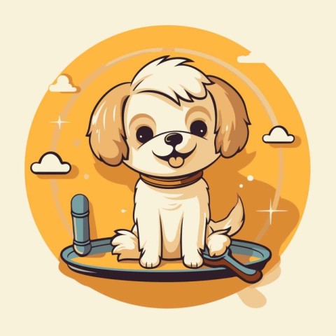 Cute little puppy playing with tennis racket and ball. Vector il