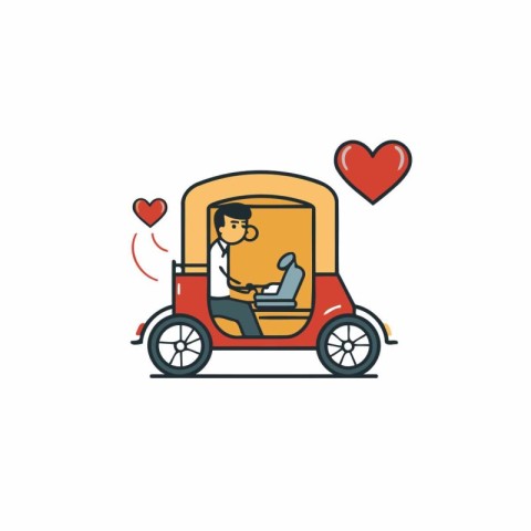 Businessman driving a tuk tuk with a heart. Vector illustration