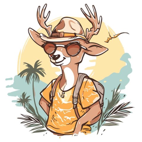 Vector illustration of a cute deer in a hat and sunglasses on th