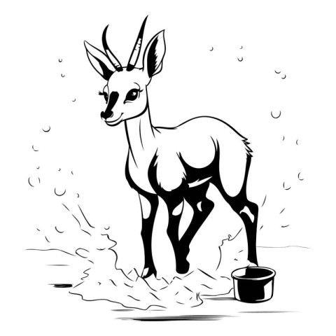 Antelope with a bucket of water. Black and white vector illustra