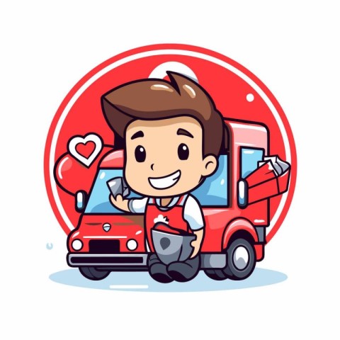 Cute little boy driving a red car. Vector cartoon illustration.