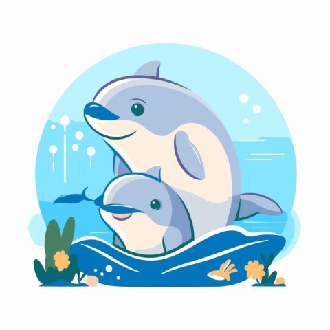 Cute dolphin in the sea. Vector illustration in cartoon style.