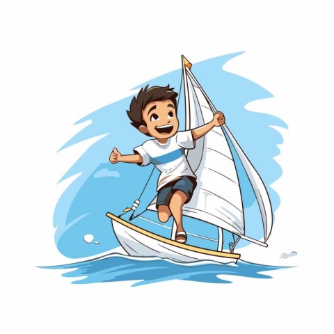 Boy riding a sailboat on the sea. Cartoon vector illustration.