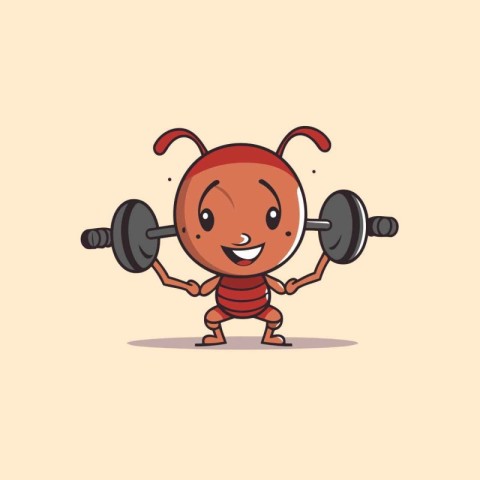 Ant lifting a barbell. Vector illustration. Cute cartoon charact