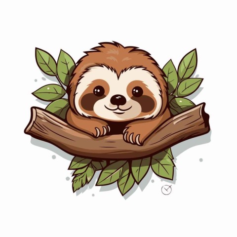 Cute cartoon sloth sitting on a branch. Vector illustration.