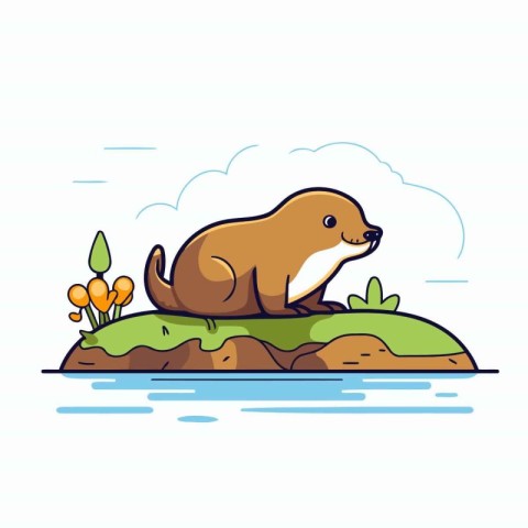 Cute dog sitting on the rock in the park. Vector illustration.