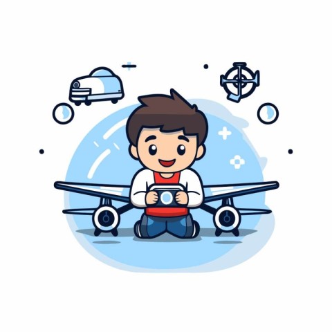 Cute boy with airplane. Vector illustration. Flat design style.