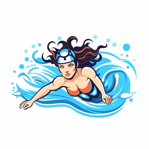 Vector illustration of a woman swimming in the sea. Cartoon styl