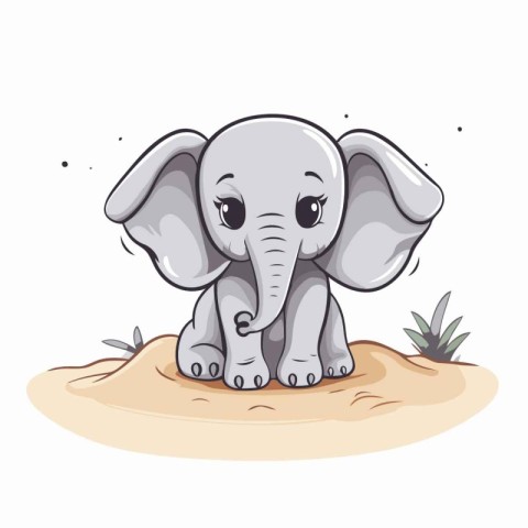 Cute elephant on the sand. Vector illustration isolated on white