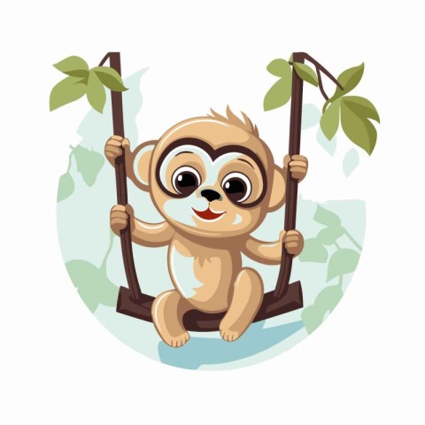 Cute baby sloth swinging on a swing. Vector cartoon illustration