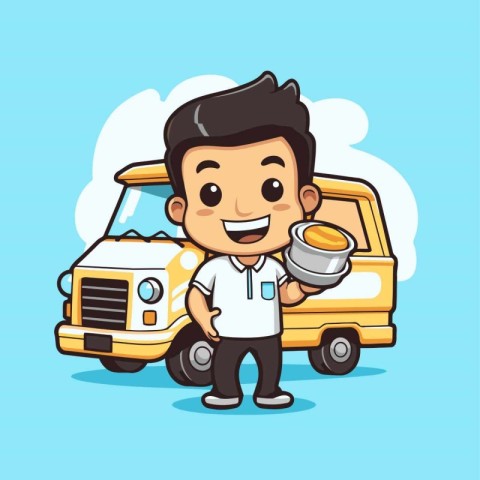 Cute Delivery Boy with Food Truck - Vector Cartoon Character Ill