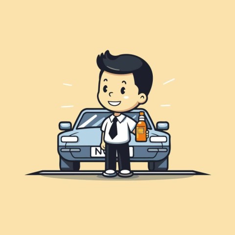 Businessman with car on the road. Vector flat cartoon illustrati