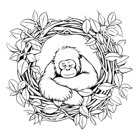 Monkey in a wreath of leaves. Monochrome vector illustration.