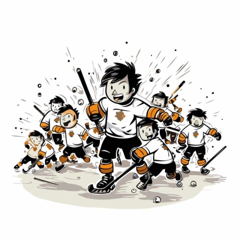 illustration of a group of children playing ice hockey. vector i