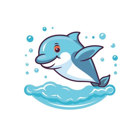 Cute cartoon dolphin jumping out of the water. Vector illustrati