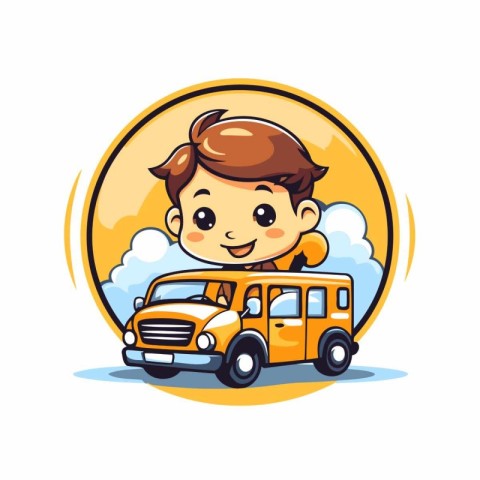 Cute little boy riding a school bus. Vector cartoon illustration