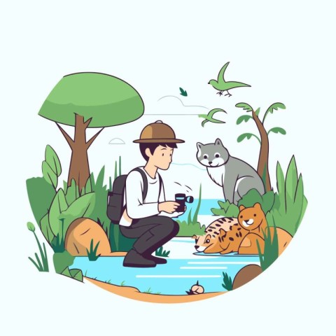 Vector illustration of a man with a fishing rod and a cat in the