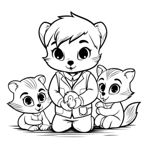 Vector illustration of a cute little boy playing with cats on a