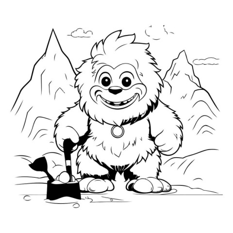 illustration of a dog in the mountains with a pot and a shovel