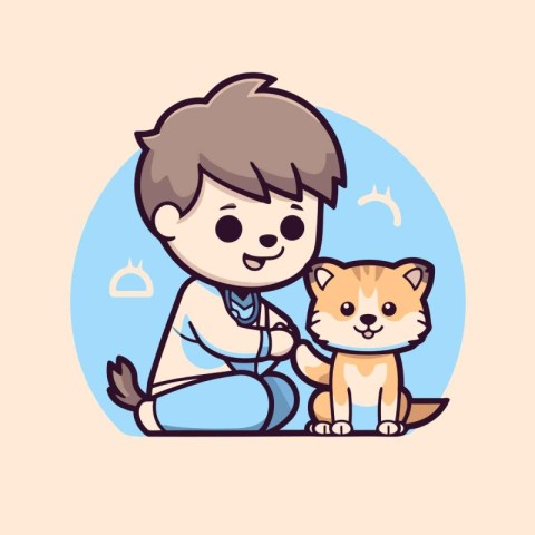 Cute boy and cat. Vector illustration in flat cartoon style.